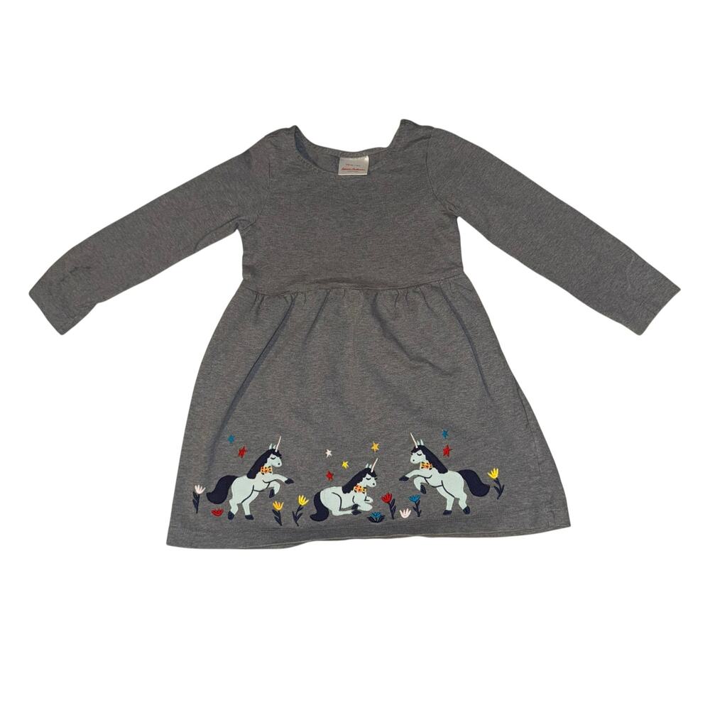 Hanna Andersson Applique Unicorn Dress Girls Sz 5 Whimsical Flowers Stars ~Flaw